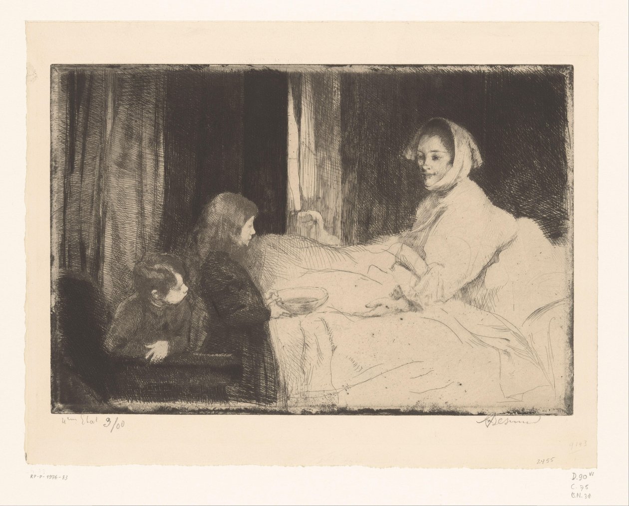 母亲病榻前的孩子们 作者 Albert Besnard（艺术家签名）