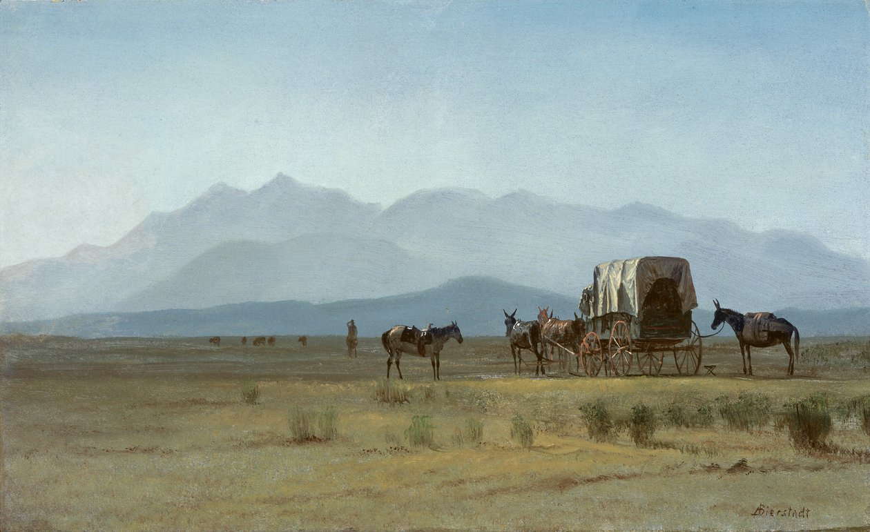 落基山脉勘测员的马车，约 1859 年（纸面油画，裱在砖石上） 作者 阿尔伯特·比尔施塔特