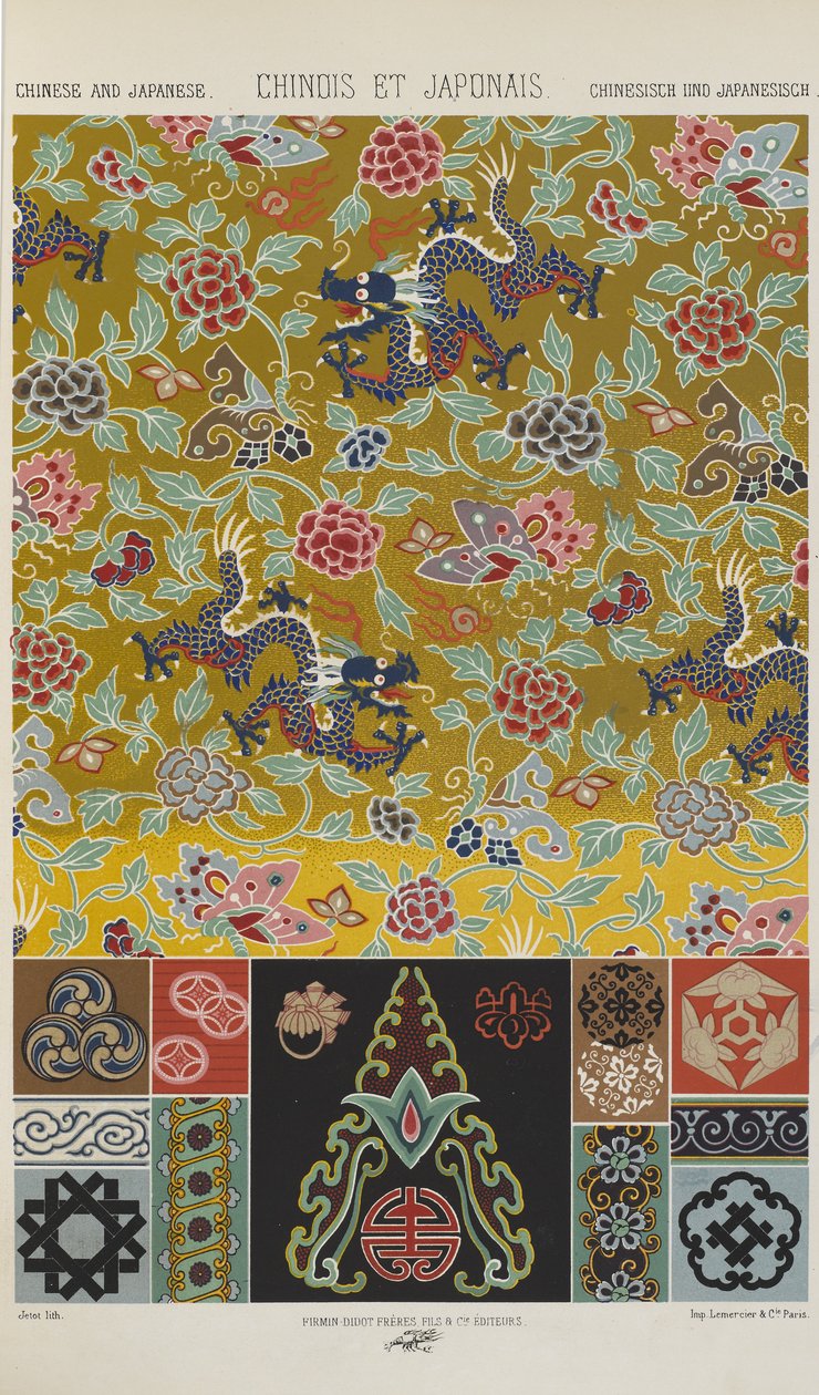中国和日本，《多色装饰品：金、银、彩色百幅》中的第 13 幅 作者 阿尔伯特·查尔斯·奥古斯特·拉西内