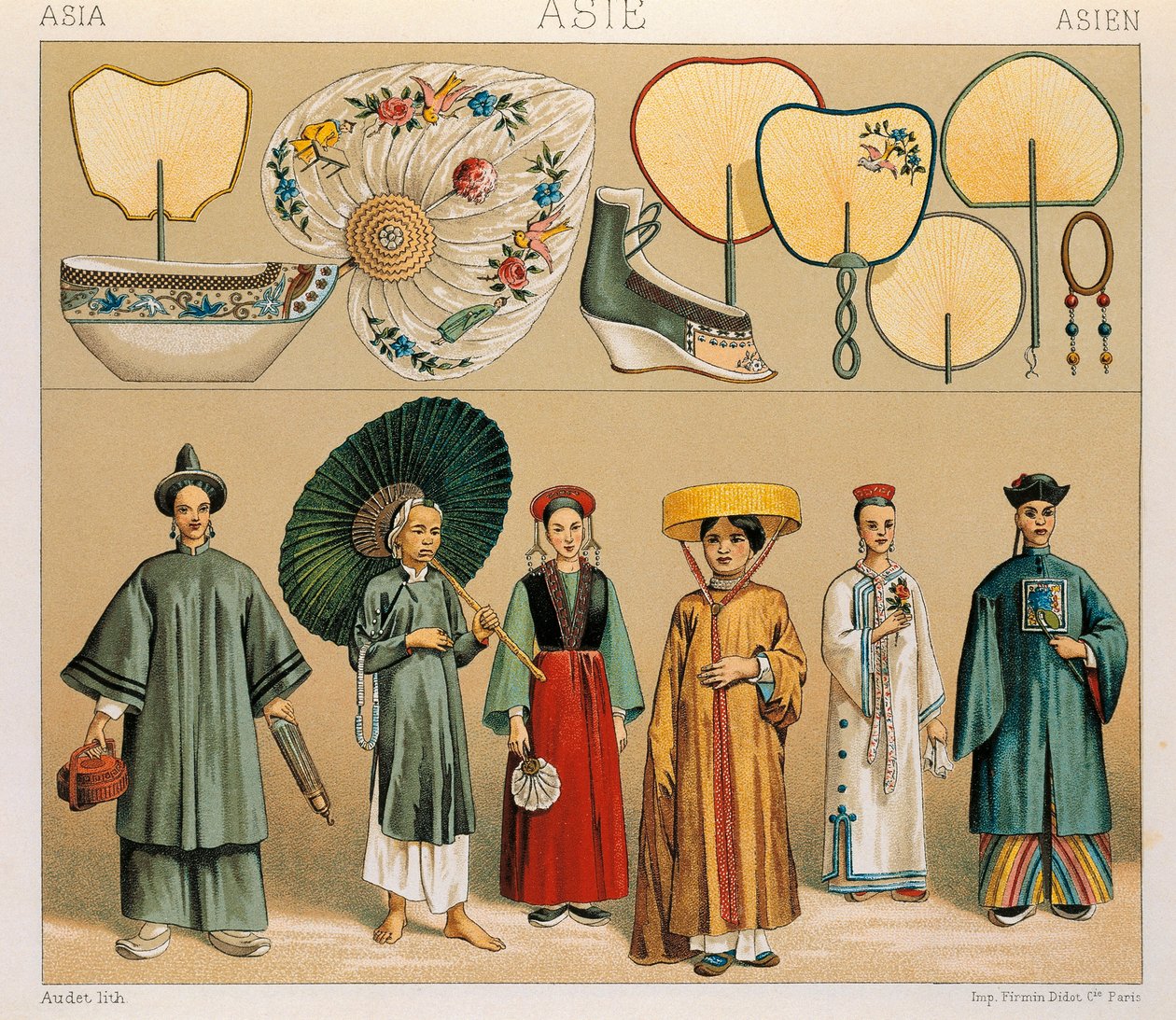 中国妇女和鞑靼地区的服装，插图来自奥古斯特-拉西内的《服装史大全》。 作者 阿尔伯特·查尔斯·奥古斯特·拉西内