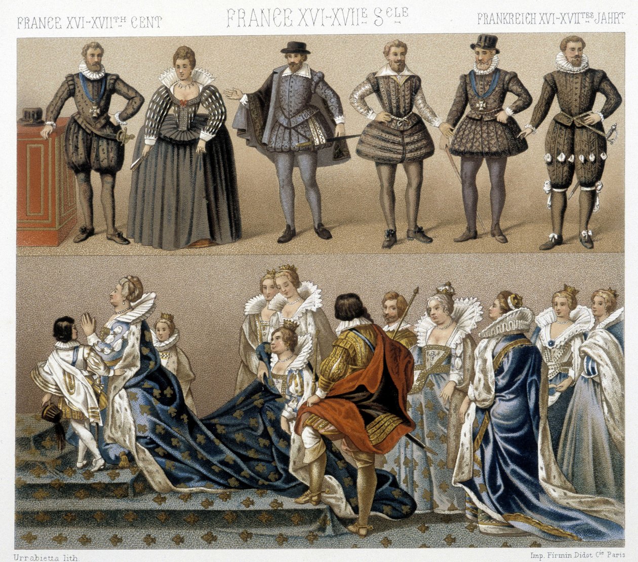 Costumes of Queen Marguerite of France (bottom), and Henry IV (top) in the 17th and 18th centuries. Illustration in “” Le costume historique”” by Racinet 作者 阿尔伯特·查尔斯·奥古斯特·拉西内