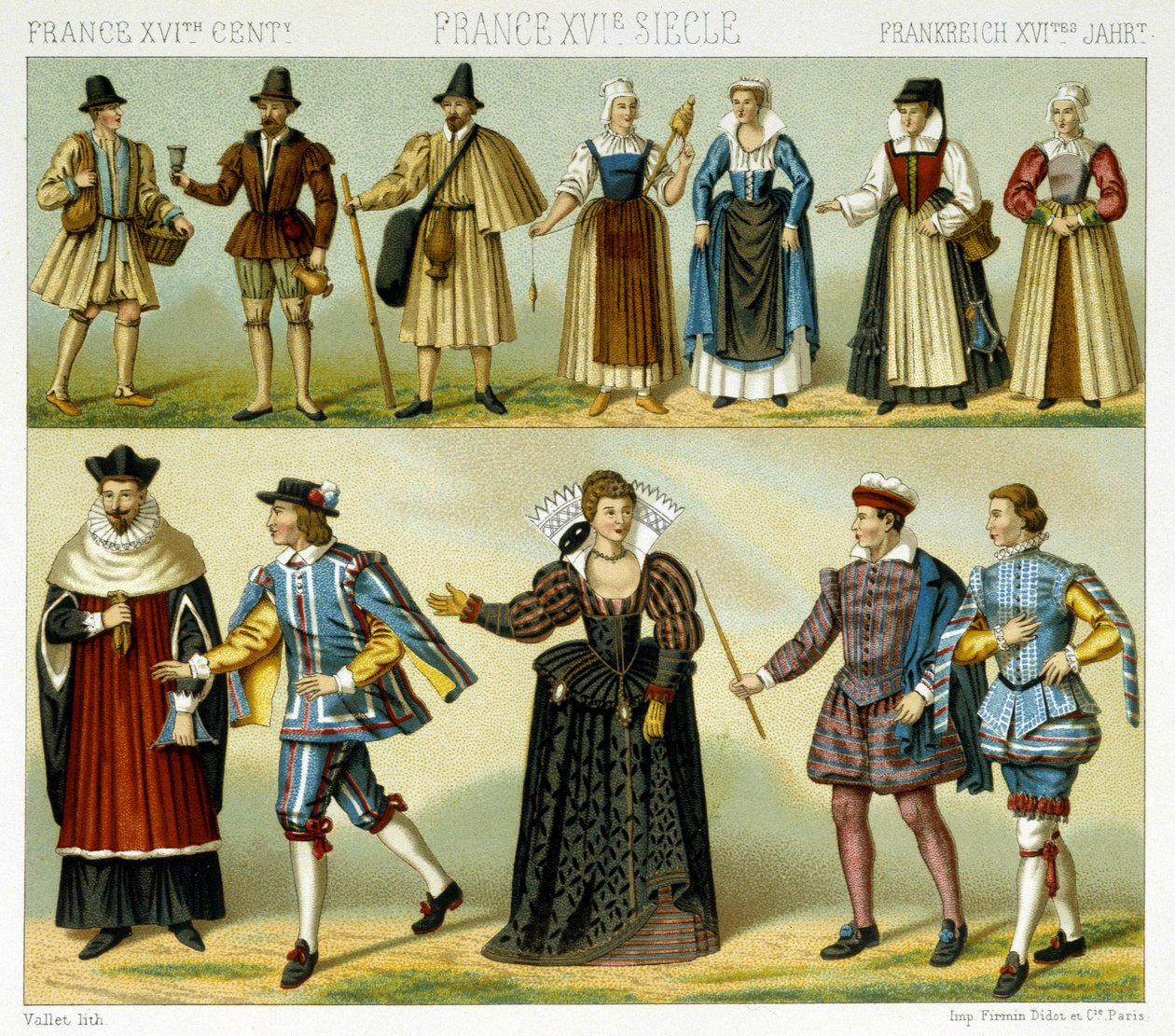 Costumes of the nobility and popular costumes of France in the 16th century. Chromolithographic plate - in “” Le costume historique”” by Racinet 作者 阿尔伯特·查尔斯·奥古斯特·拉西内
