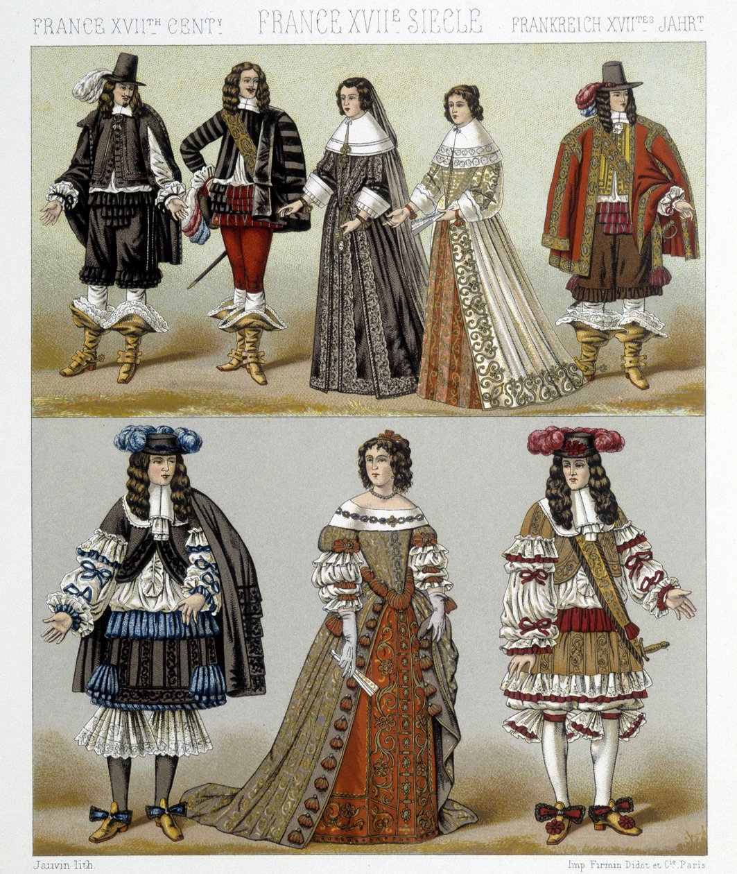 Costumes of the nobility in France in the 18th century. Illustration in “” Le costume historique”” by Racinet 作者 阿尔伯特·查尔斯·奥古斯特·拉西内