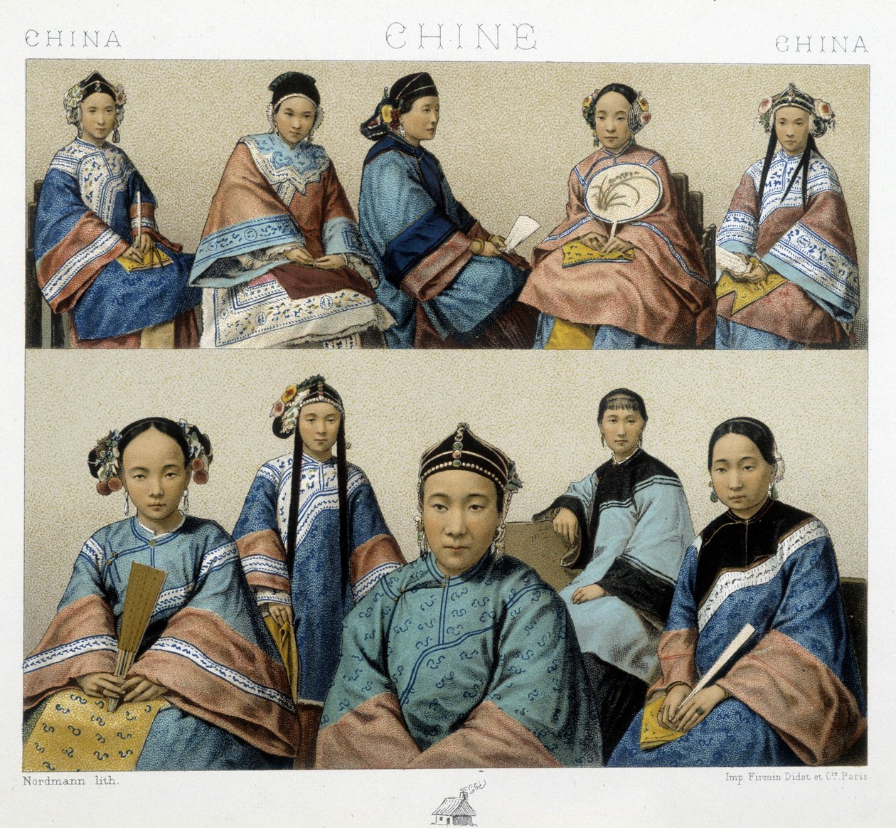 中国不同类型的女人--在Racinet的 "历史服装 "中 作者 阿尔伯特·查尔斯·奥古斯特·拉西内