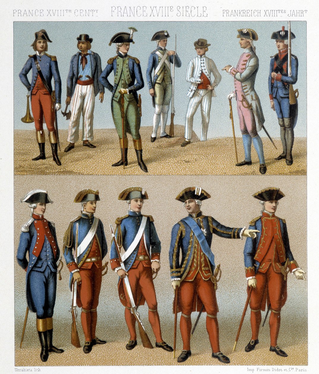 French military costumes in the 18th century. Illustration in “” Le costume historique”” by Racinet 作者 阿尔伯特·查尔斯·奥古斯特·拉西内