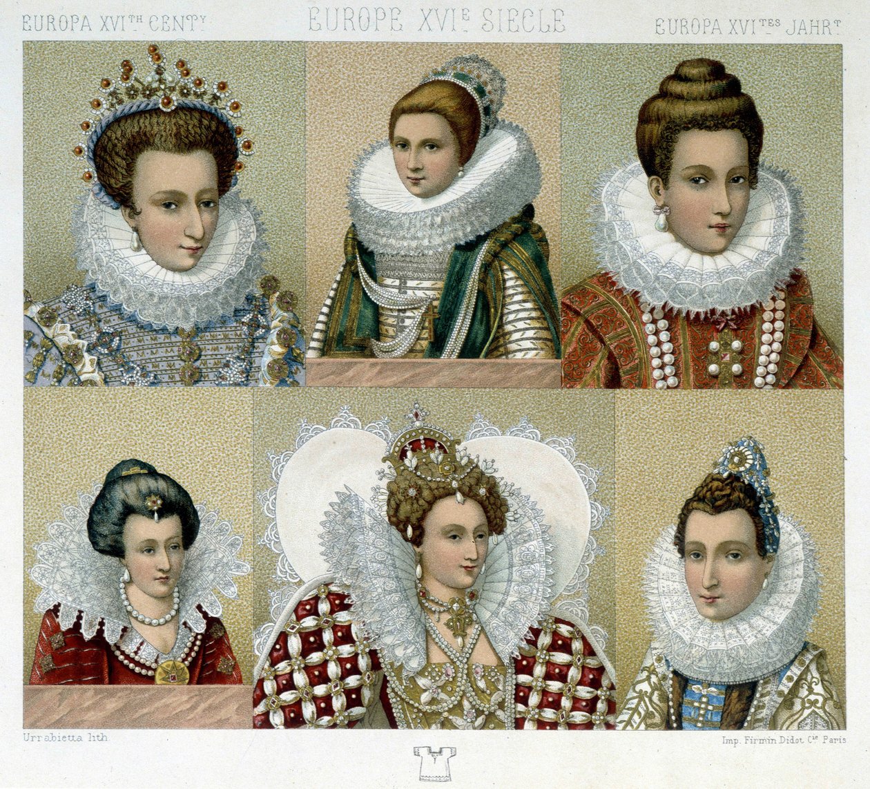Hairdressing in France in the 16th century (and portrait of Marie de Medici) - in “” Le costume historique”” by Racinet, late 19th century 作者 阿尔伯特·查尔斯·奥古斯特·拉西内