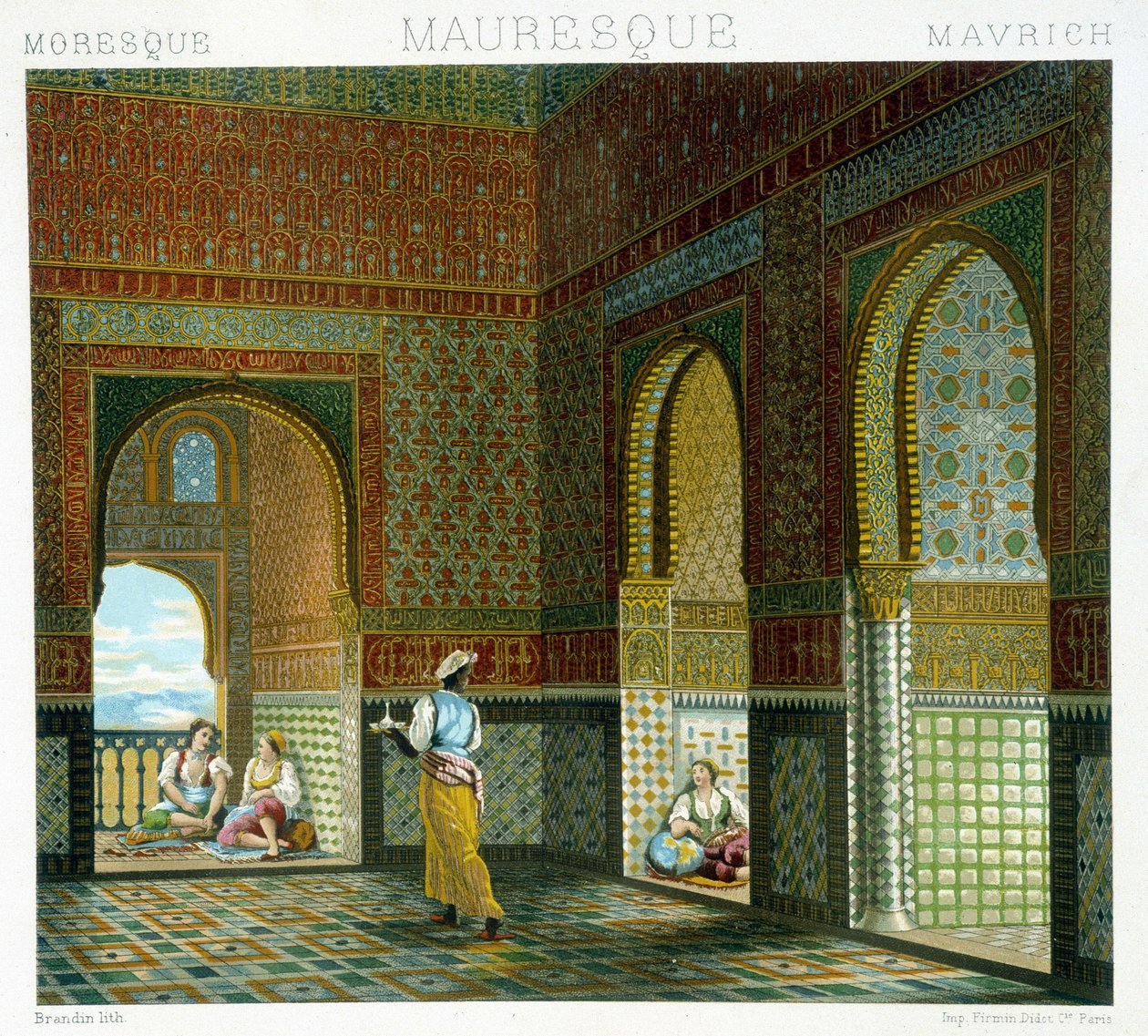 Interior of a Moorish house (Alhambra, room of the Blessing). Chromolithographic plate - in “” Le costume historique”” by Racinet 作者 阿尔伯特·查尔斯·奥古斯特·拉西内