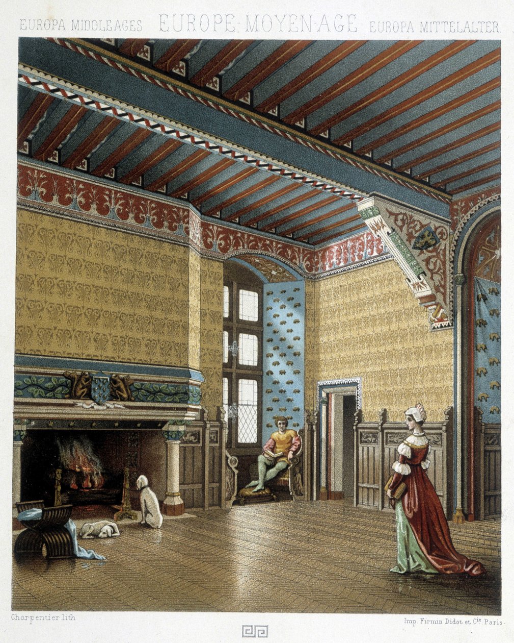 Interior of a stately dwelling in the Middle Ages - in “” The historical costume”” by Racinet 作者 阿尔伯特·查尔斯·奥古斯特·拉西内