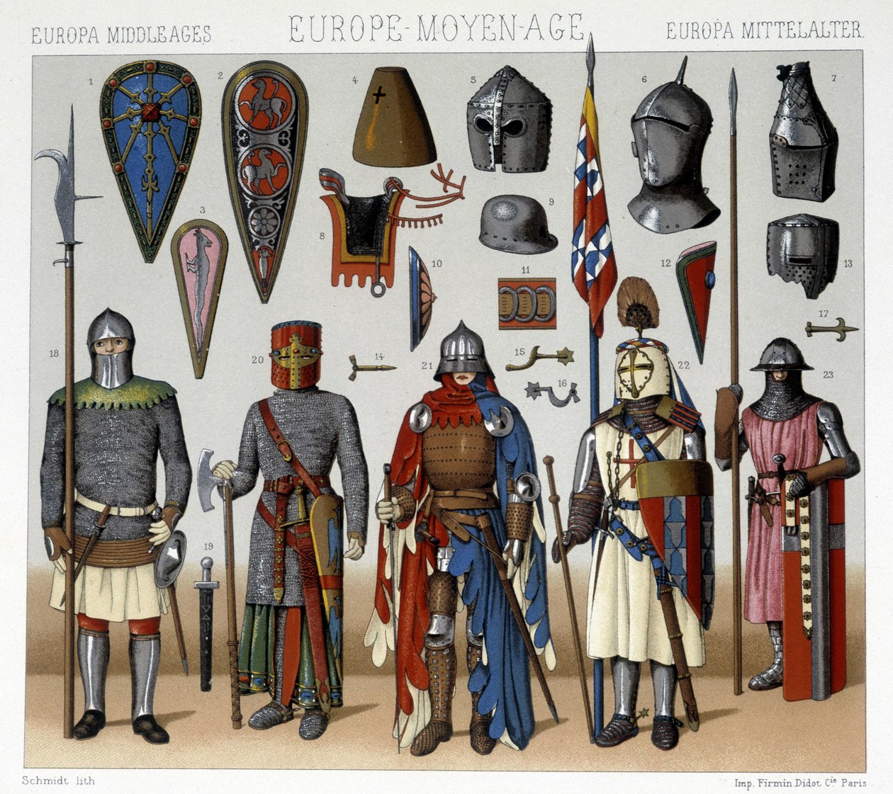 Military costumes and helmets in France from the 13th to 15th centuries. Illustration in “” Le costume historique”” by Racinet 作者 阿尔伯特·查尔斯·奥古斯特·拉西内