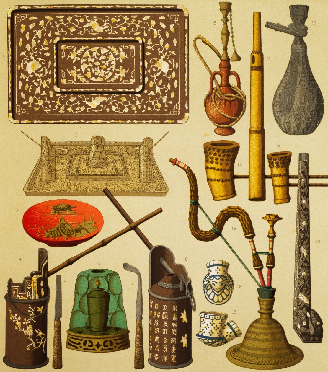烟斗和吸烟者使用的物品，施密特的石版画，选自《服装史大全》第一卷，奥古斯特-拉西内（1825-1893）著，巴黎。 作者 阿尔伯特·查尔斯·奥古斯特·拉西内