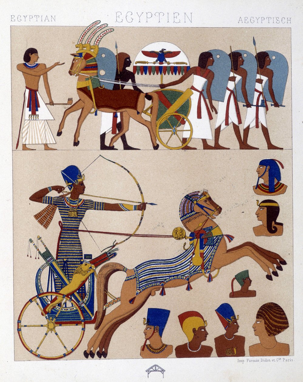 Reproduction of frescoes of ancient Egypt including Ramses II on his tank - in “The historical costume”” by Racinet 作者 阿尔伯特·查尔斯·奥古斯特·拉西内