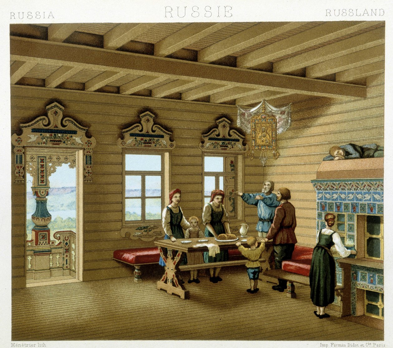 Russian family in a typical residence in Russia in the 19th century. Chromolithographic plate - in “” Le costume historique”” by Racinet 作者 阿尔伯特·查尔斯·奥古斯特·拉西内