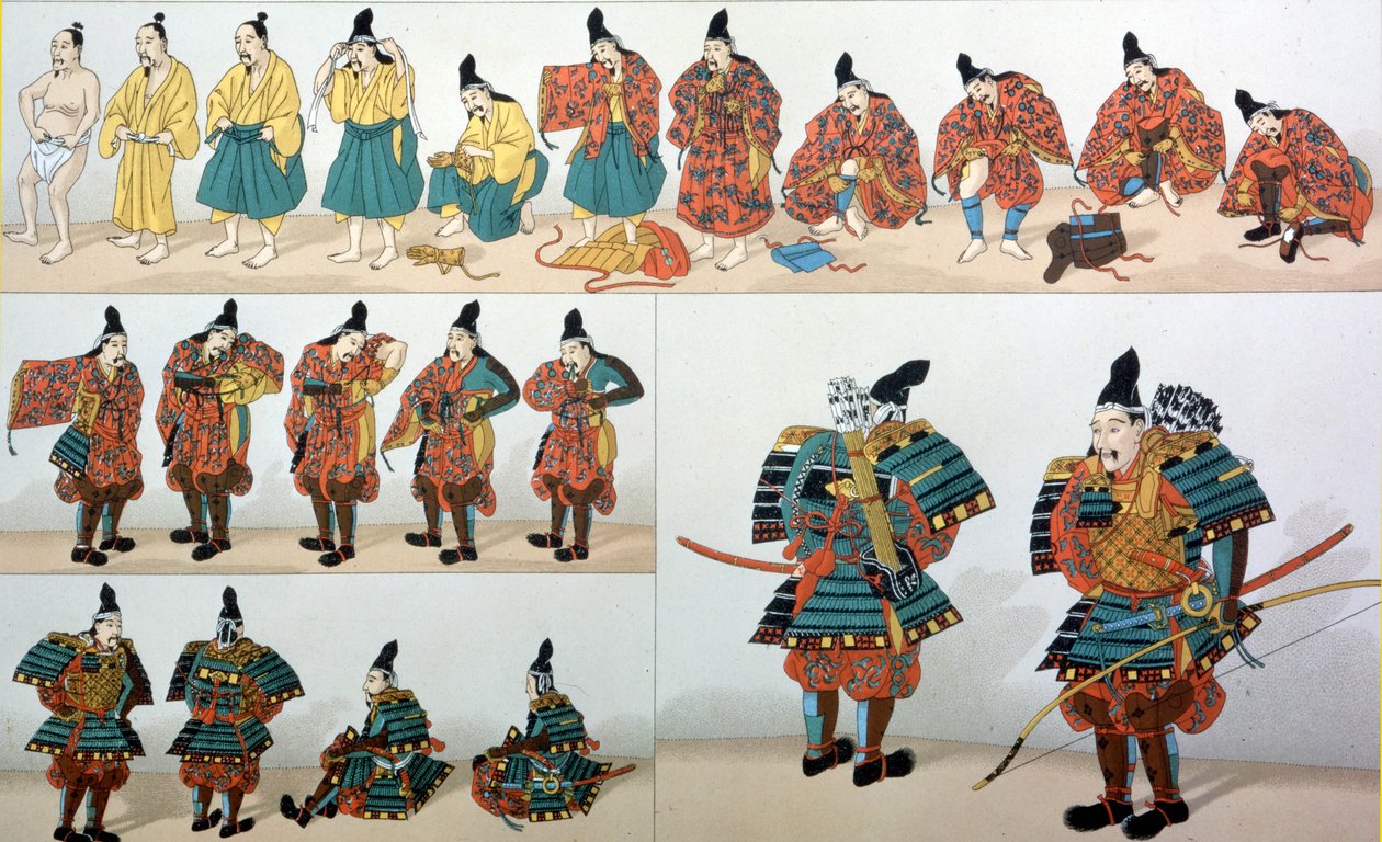 武士制服，来自“历史服装”的插图 作者 阿尔伯特·查尔斯·奥古斯特·拉西内