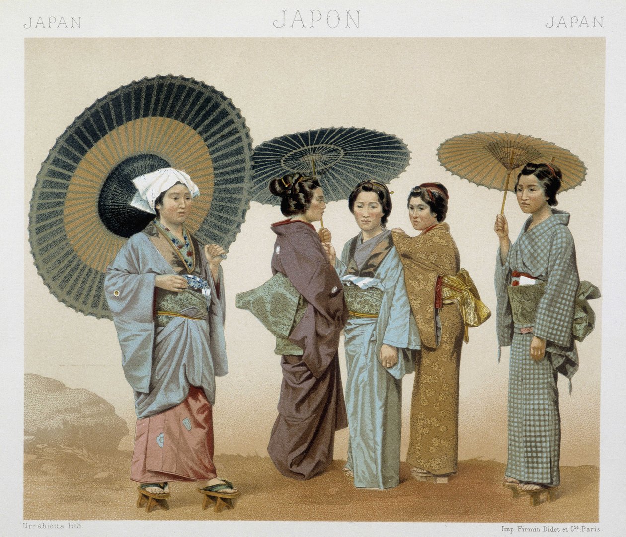 日本妇女的传统服装。拉西内的 "历史服装 "中的插图 作者 阿尔伯特·查尔斯·奥古斯特·拉西内