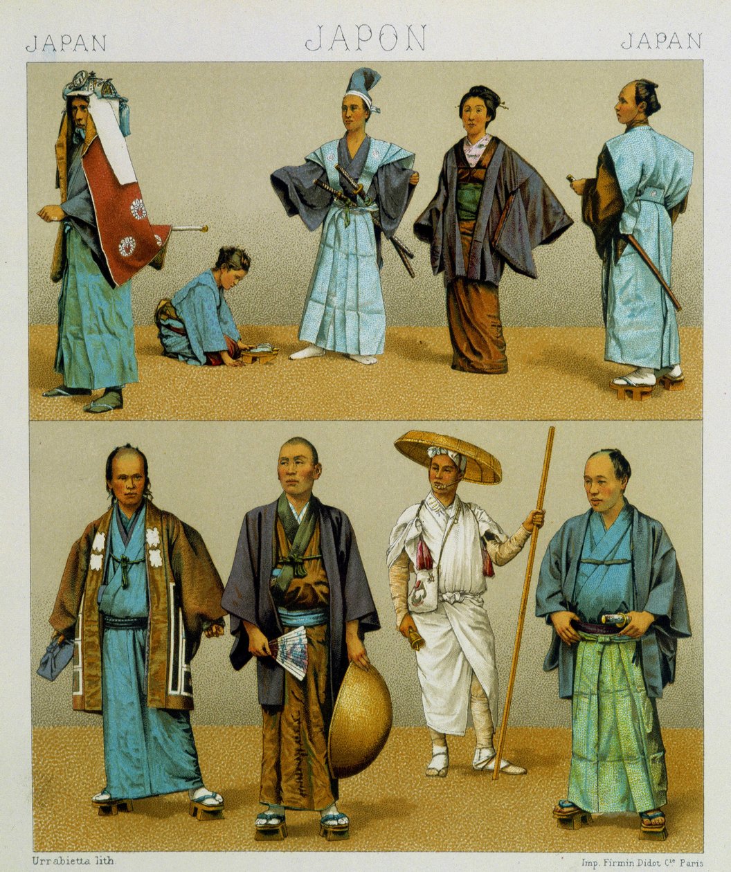 包括和服在内的各种日本传统男士服饰。 彩色平版印刷版 - 在 Racinet 的“Le服装历史”中 作者 阿尔伯特·查尔斯·奥古斯特·拉西内