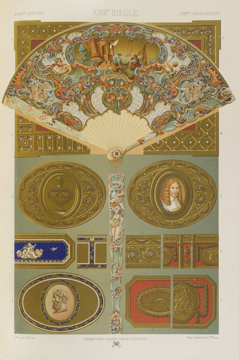 十八世纪，板块96，来自《多色装饰品》。一百个金、银和彩色的板块 作者 阿尔伯特·查尔斯·奥古斯特·拉西内