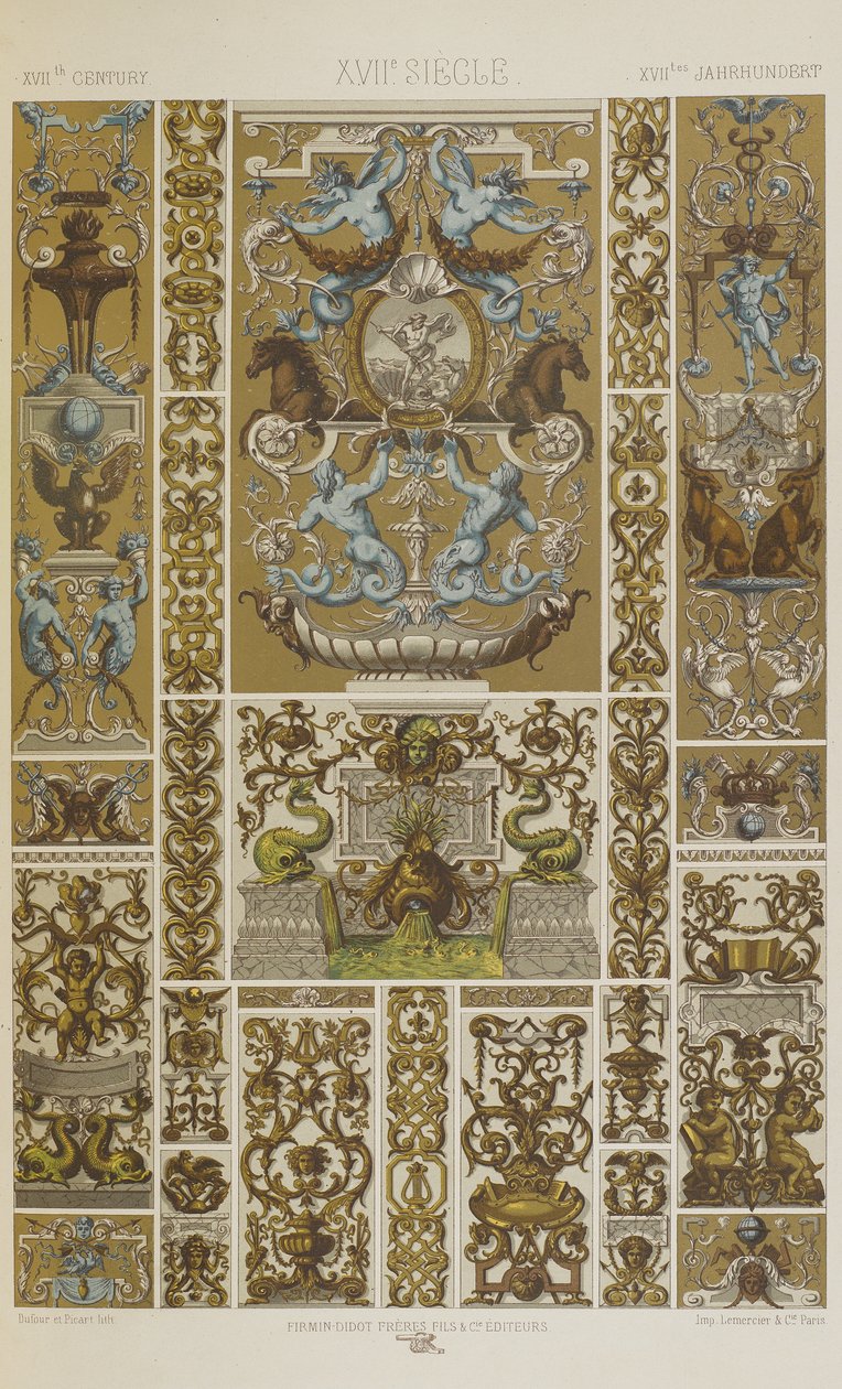 十七世纪，来自“多色装饰品：一百个金色、银色和彩色版画”的第 79 张版画 作者 阿尔伯特·查尔斯·奥古斯特·拉西内