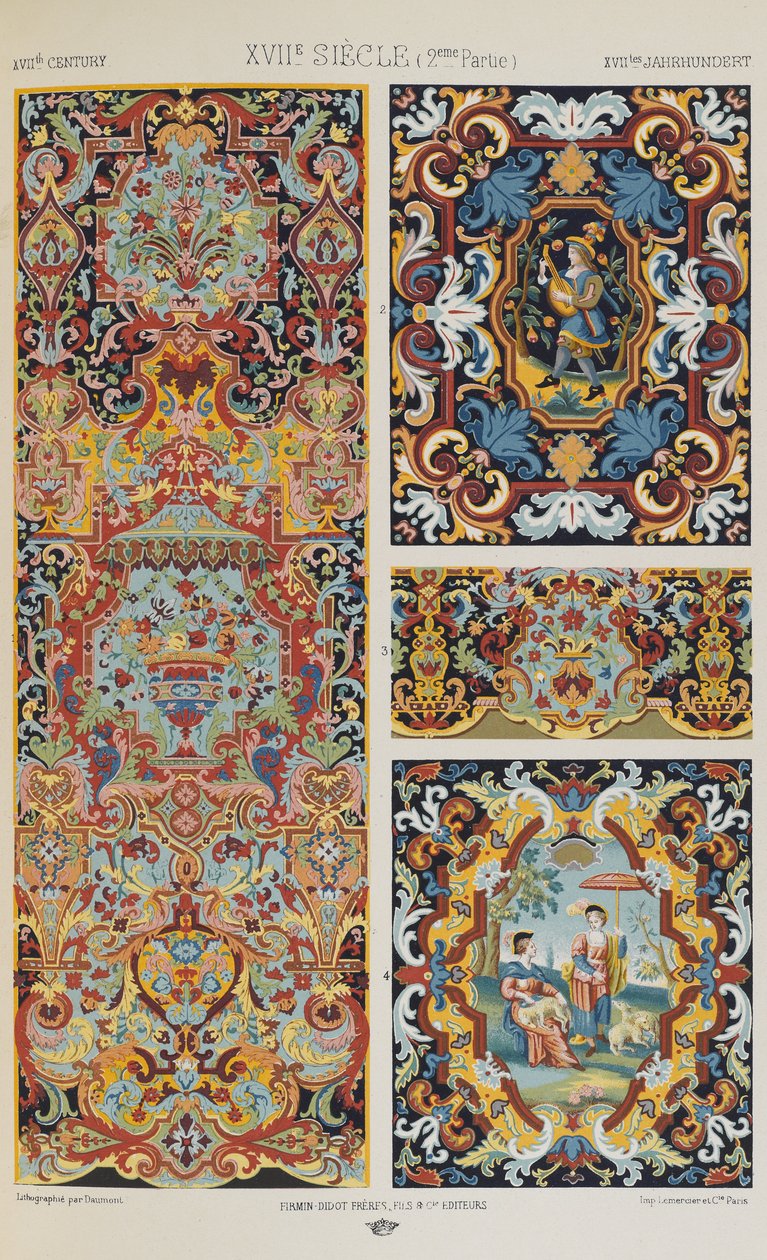 十七世纪，板块83来自《多色装饰品》。一百个金、银和彩色的板块 作者 阿尔伯特·查尔斯·奥古斯特·拉西内