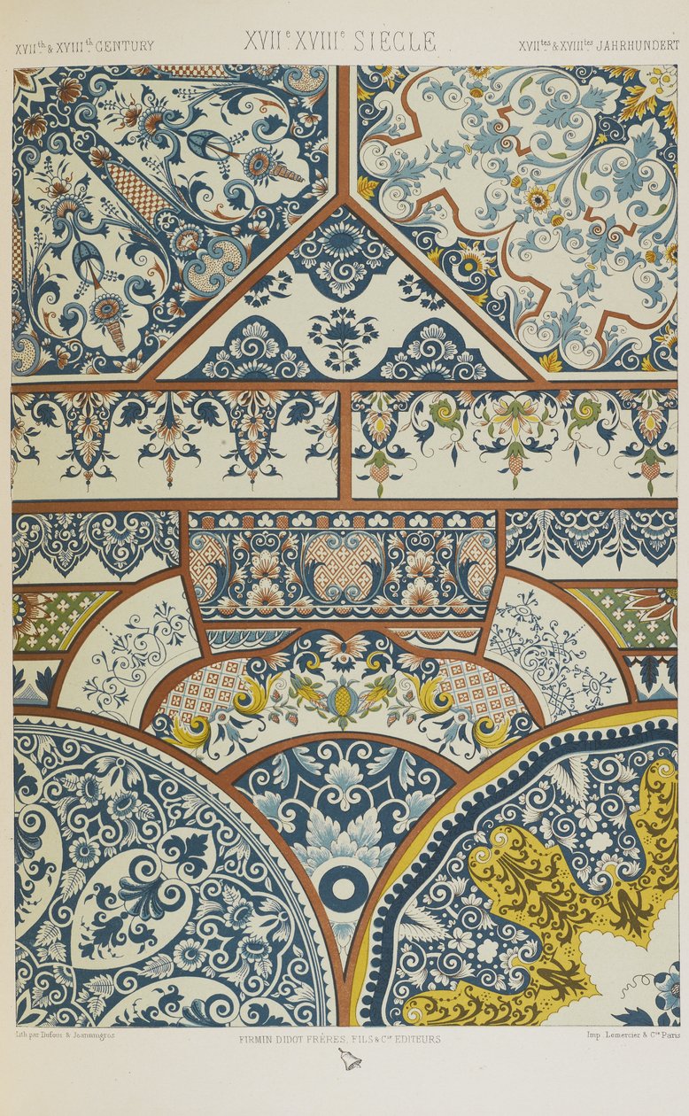 十七世纪和十八世纪，板块82，来自《多色装饰品》。一百个金、银和颜色的板块 作者 阿尔伯特·查尔斯·奥古斯特·拉西内