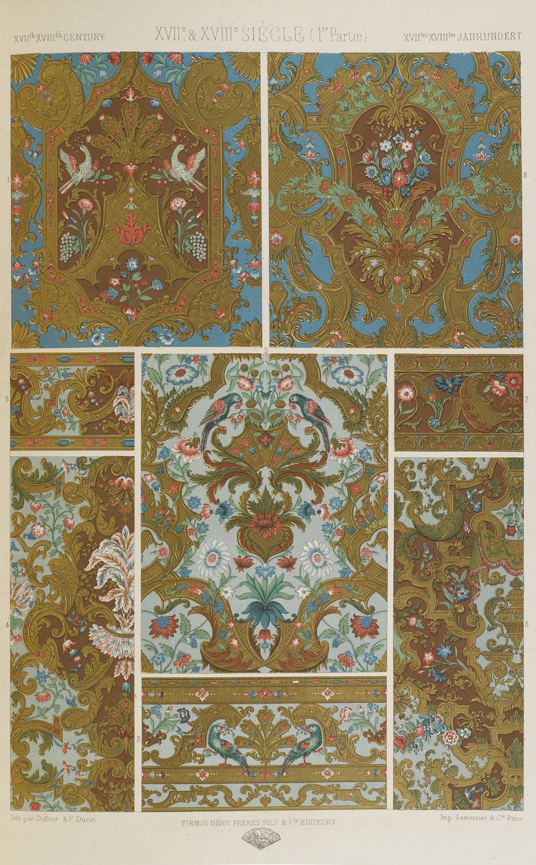 十七和十八世纪，板块86，来自《多色装饰品》。一百个金、银和彩色的板块 作者 阿尔伯特·查尔斯·奥古斯特·拉西内