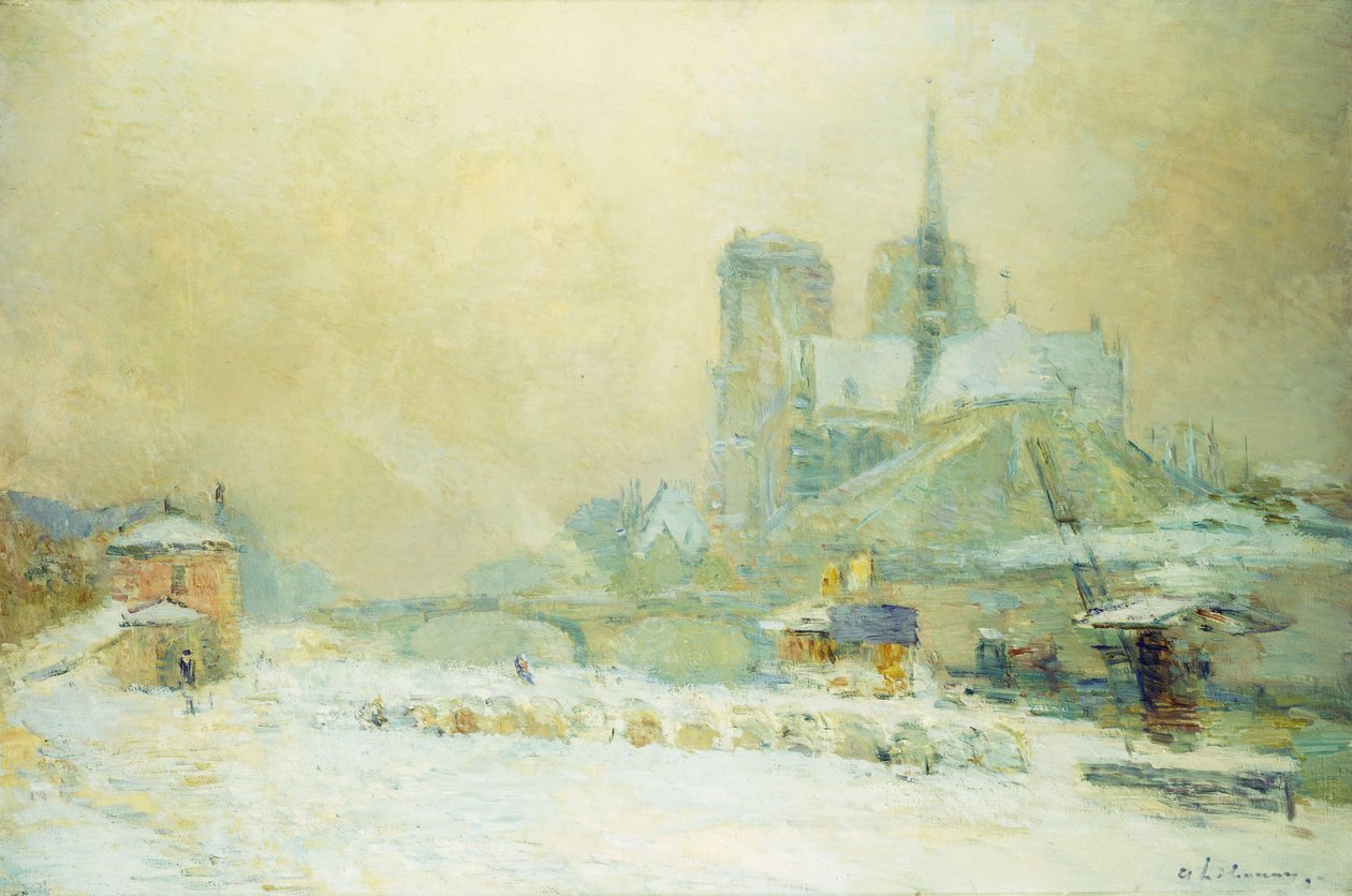 从Quai de la Tournelle看巴黎圣母院：雪景；巴黎圣母院，Quai de la Tournelle景色，雪景， 作者 阿尔伯特·查尔斯·勒伯格