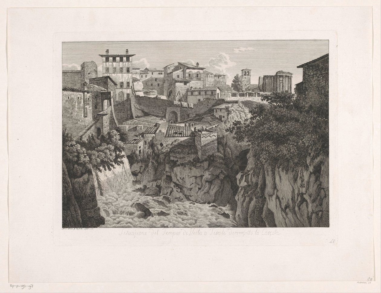 蒂沃利的景色，远处是维斯塔神庙 Tempio di Vesta a Tivoli dirimpetto la Cascata 的位置（物体上的标题） Malerian radirte Prospekte aus Italien（系列标题） 作者 阿尔伯特·克里斯托弗去世
