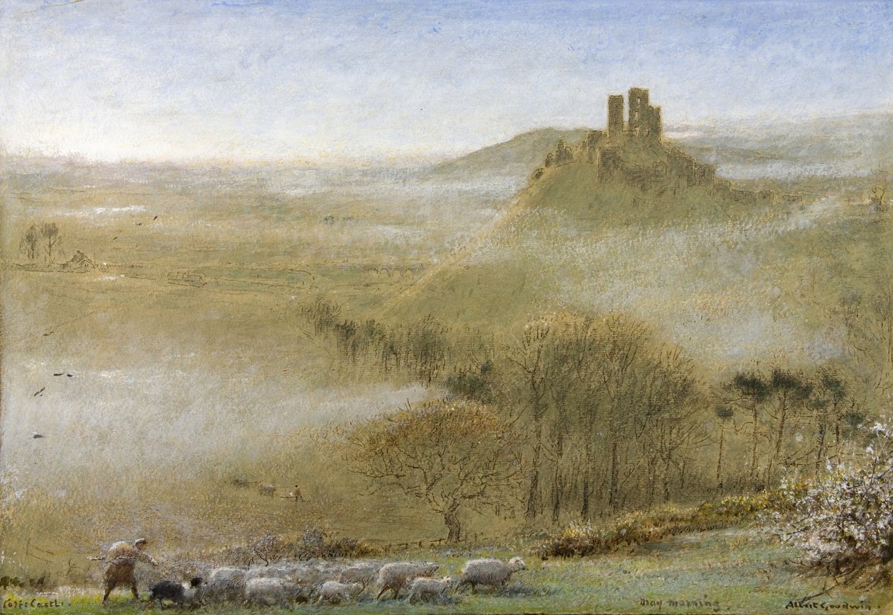 科夫城堡（Corfe Castle），《五月早晨》，约1860年-1932年（铅笔，水彩，人体彩绘，钢笔和纸本墨水） 作者 阿尔伯特·古德温