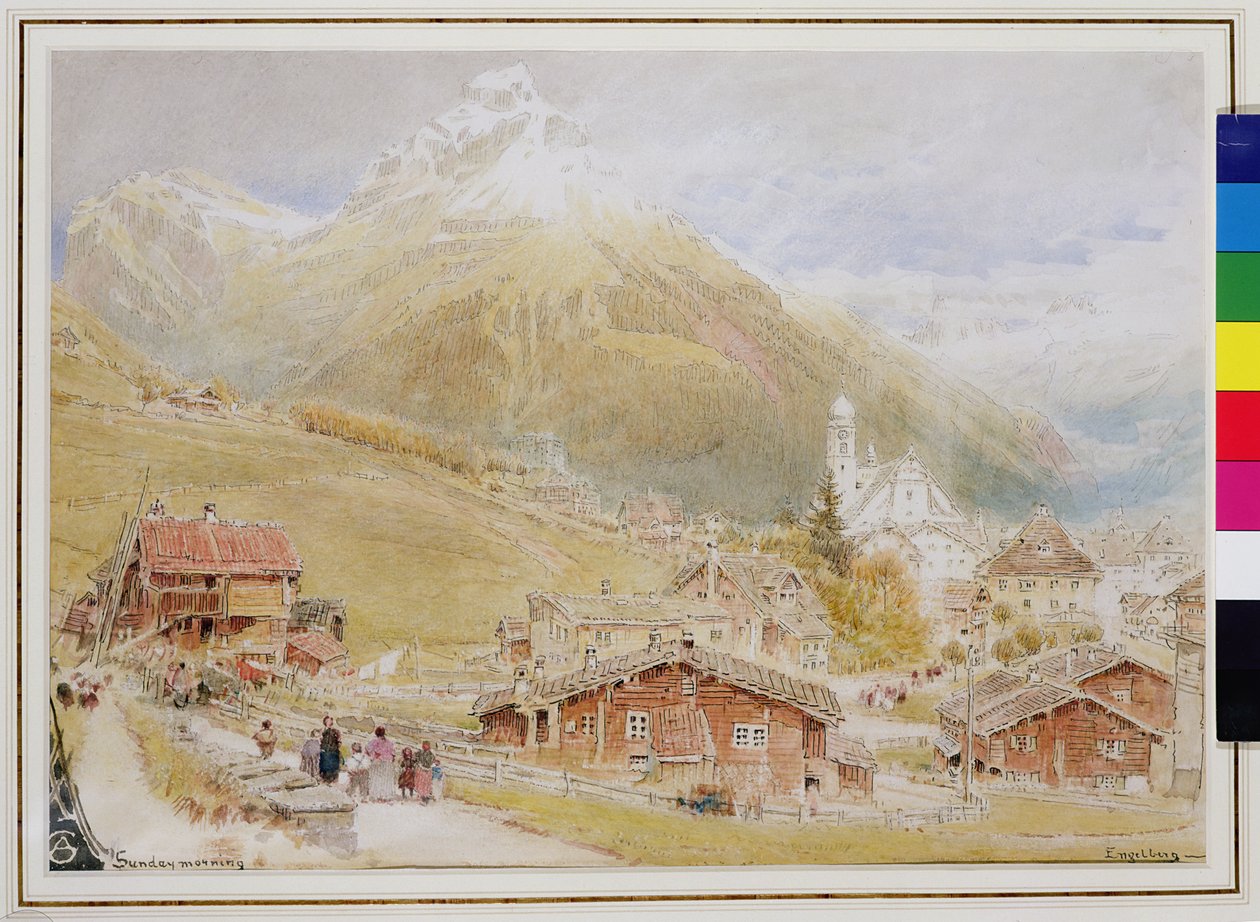 恩格尔贝格，周日早上，c.1909-11（笔墨，wc） 作者 阿尔伯特·古德温