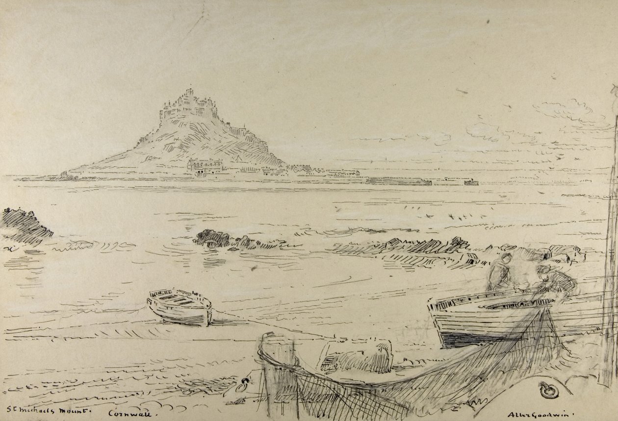 康沃尔郡圣迈克尔山，约1870-80年（船上有铅笔，墨水和蜡笔） 作者 阿尔伯特·古德温