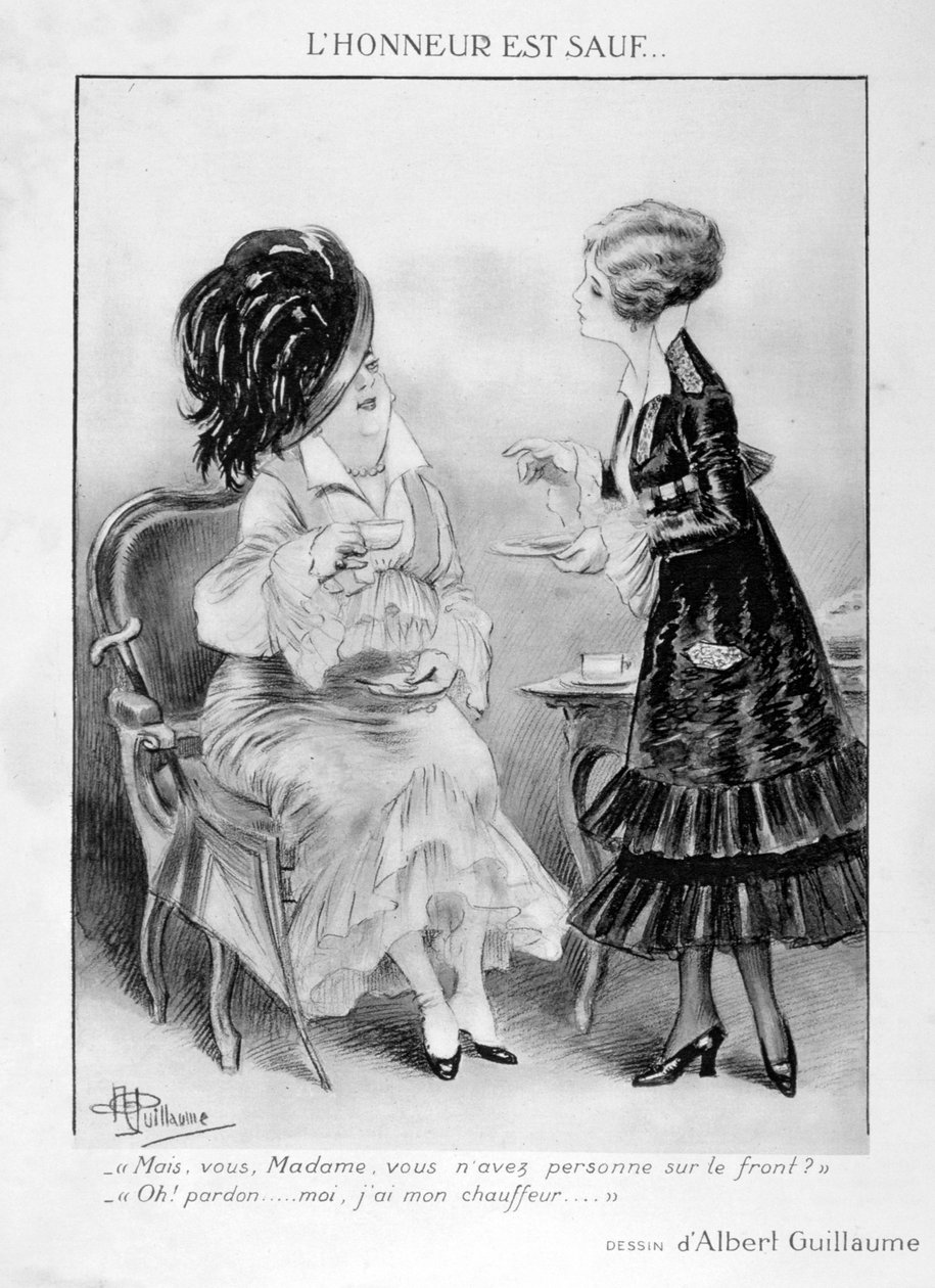 约有两名资产阶级法国妇女的漫画，第一次世界大战，1915年 作者 阿尔伯特·纪尧姆