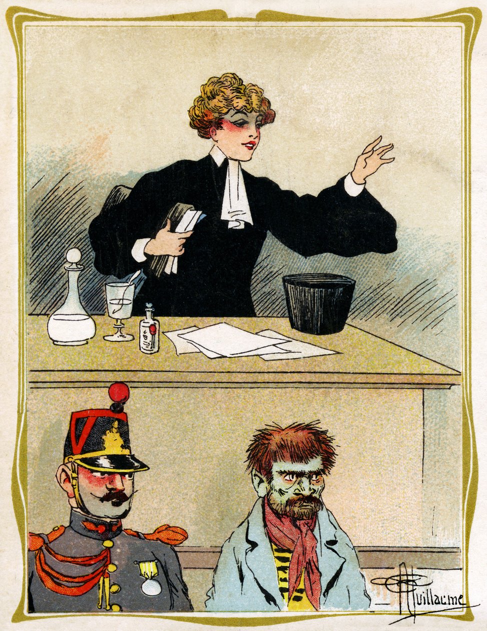 A woman lawyer with a beautiful face, pleads and defends her client looks patient. Advertising, engraving 1902-1903 作者 阿尔伯特·纪尧姆