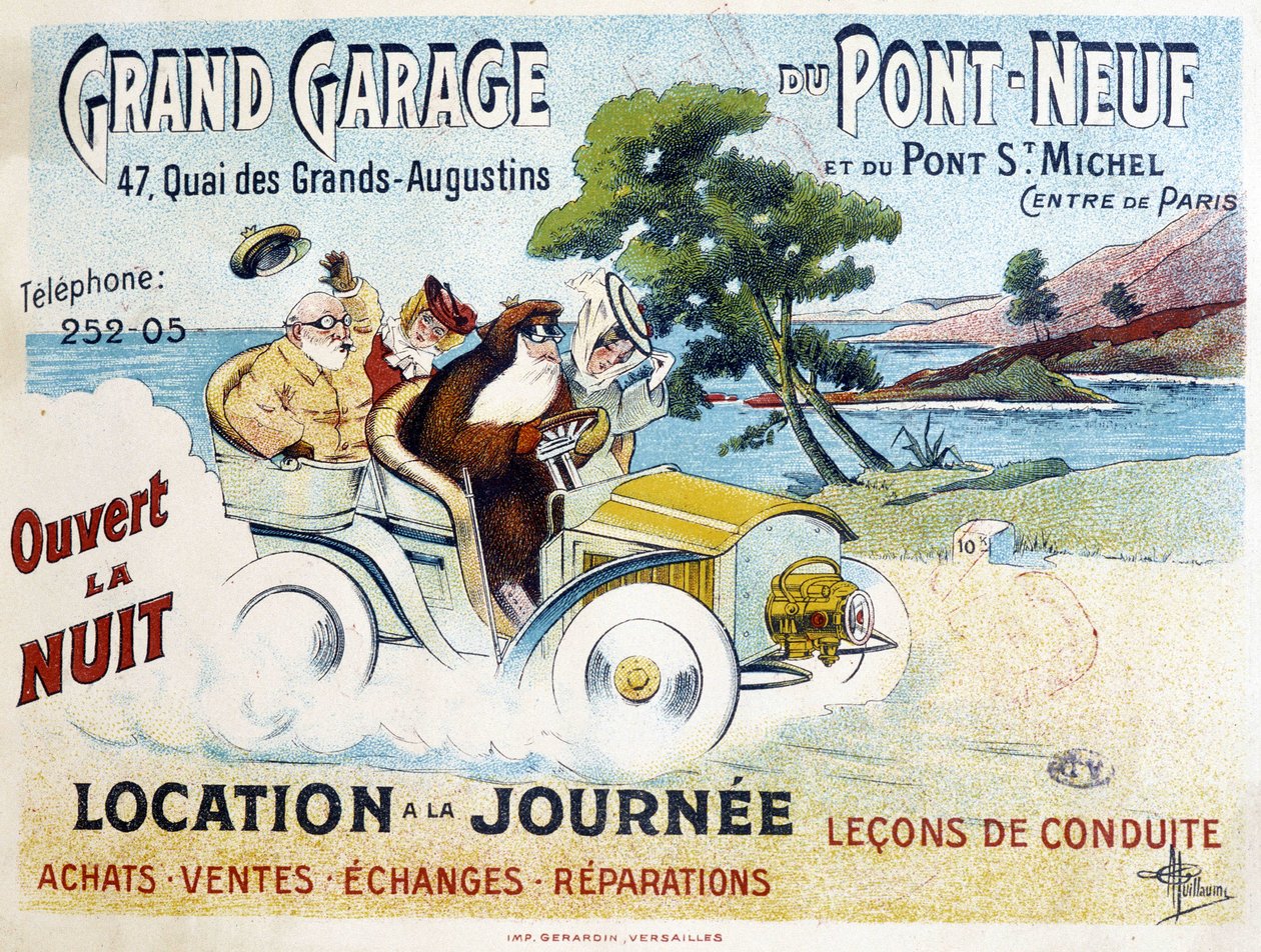 Grand Garage du Pont-Neuf：出租、驾驶课程、购买、销售、赔偿 - Albert Guillaume（1873-1942）的广告海报，大约 1900 年 作者 阿尔伯特·纪尧姆