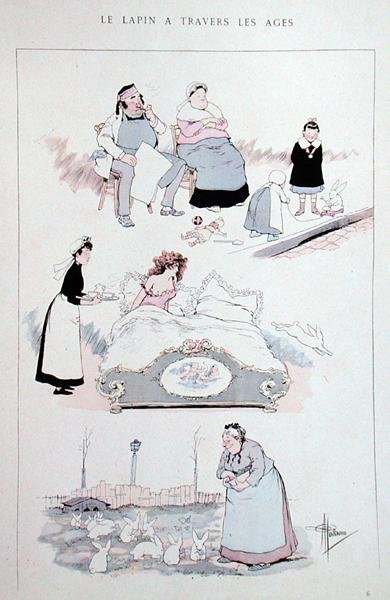 历代的兔子》，转载于《Faut Voir》中的漫画，这是一本艺术家的作品专辑，约1900年（彩色平印）。 作者 阿尔伯特·纪尧姆