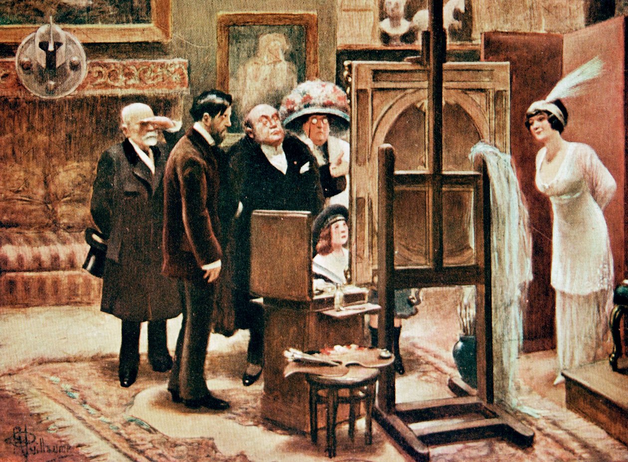 一位画家在展示他的画作，约 1920 年（印刷品） 作者 阿尔伯特·纪尧姆