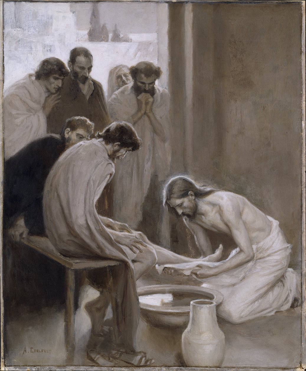 Le Christ lavant les pieds de ses disciples - 基督为门徒洗脚, 作者是Edelfelt, Albert Gustaf Aristides (1854-1905).灰板画 作者 阿尔伯特·古斯塔夫·阿里斯蒂德·埃德尔费尔特