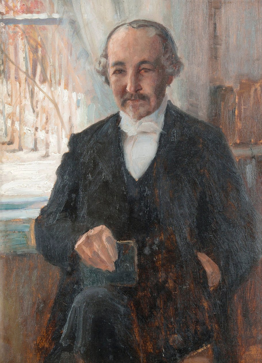 诗人Zacharias (Sacharias) Topelius (1818-1898)的肖像，由Edelfelt, Albert Gustaf Aristides (1854-1905)绘制，-纸板油画，41x30 -私人收藏 作者 阿尔伯特·古斯塔夫·阿里斯蒂德·埃德尔费尔特