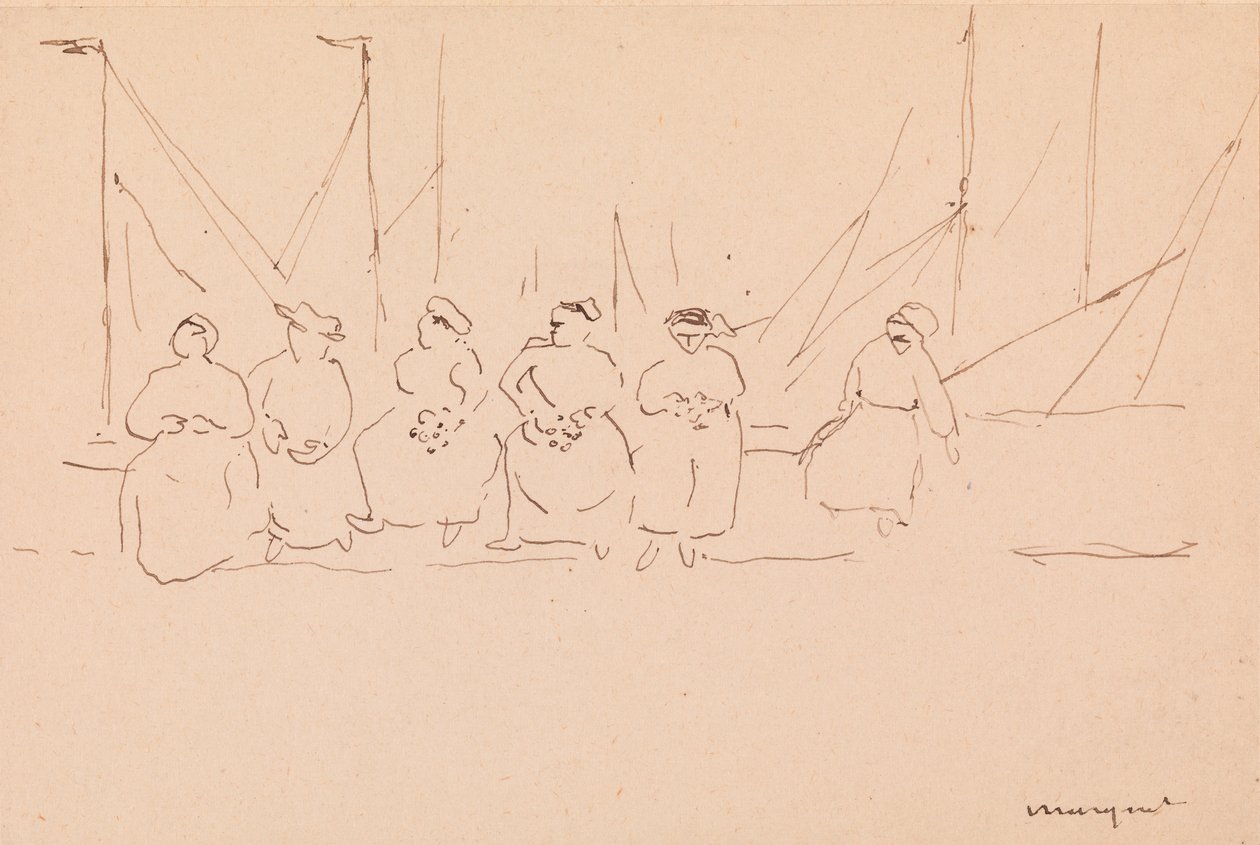 Six Women on a Wharf (pen and ink on paper)   1454116   zh       chinese Successfully Translated  Original: Costume for Mephistopheles in Faust by Charles Gounod, sketch by Carleton Smyth, for performance in 1911, 20th century Translat: Costume for Mephist 作者 阿尔伯特·马尔凯