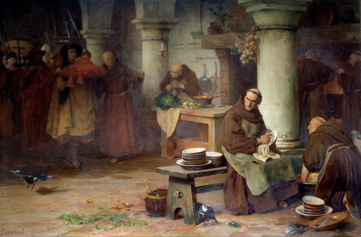 圣博纳文图拉 (San Bonaventura) (1217-1274) 接受紫色枢机主教 梵蒂冈的一位高级官员带来枢机主教的酒吧给在修道院里从事动物园活动的僧侣。 Albert Pierre Dawant (1852-1923) 1897 年作画。 1,4x 作者 阿尔伯特·皮埃尔·道旺