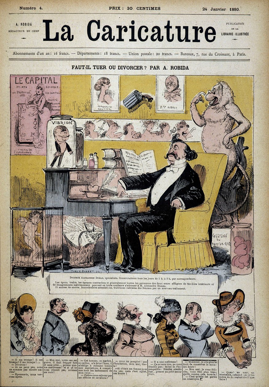 大仲马在离婚专家 Albert Robida（1848-1926），Couv。 “”卡通“”24/02/1880。 作者 阿尔伯特·罗比达