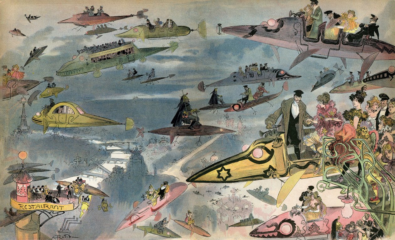 期待：设计师阿尔伯特-罗比达（Albert Robida）于 1900 年设计的巴黎歌剧院将于 2000 年面世。巴黎人在各种空中交通工具中穿梭。 作者 阿尔伯特·罗比达