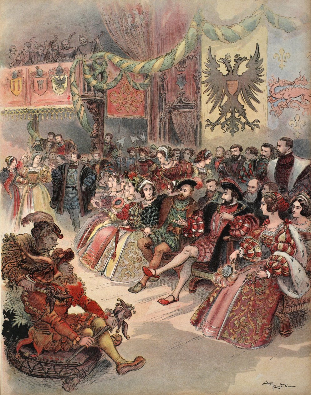 法庭上的舞会，插图来自《弗朗索瓦-伊尔。Le Roi Chevalier，乔治-G-图杜兹著，1909年出版。1909年（彩色平版印刷）。 作者 阿尔伯特·罗比达