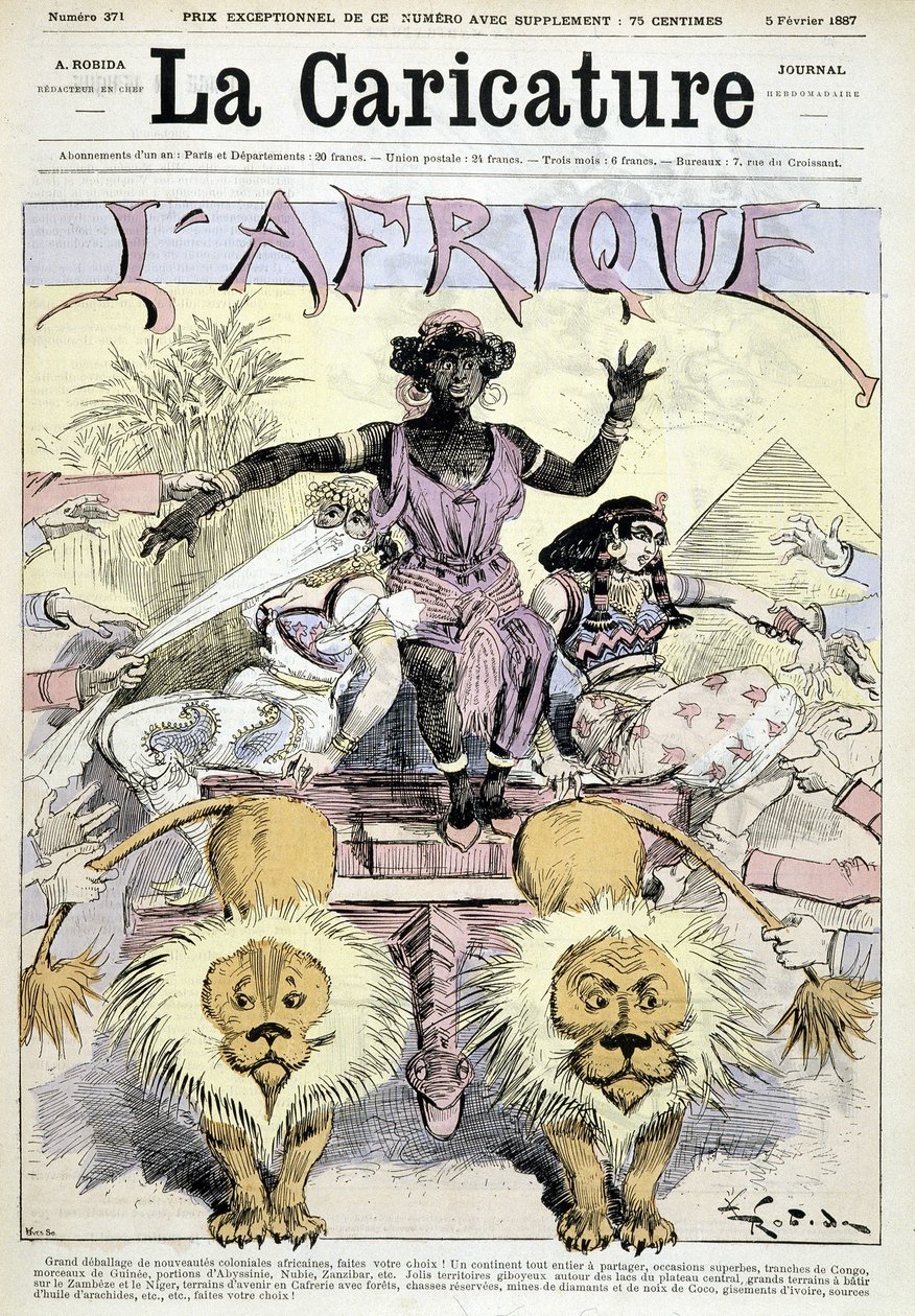 Cartoon on colonialism in Africa “” Great unpacking of African colonial novelties, make your choice! A whole continent to share, great occasions, slices of Congo, pieces of Guinea” by Robida - in “” La Caricature”” from 05/02/1887 作者 阿尔伯特·罗比达
