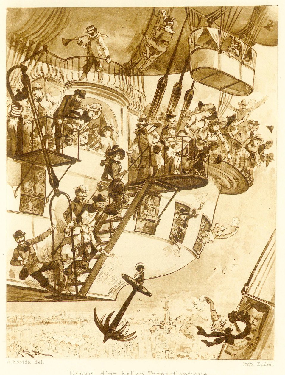跨大西洋气球的出发，来自Le Vingtieme Siecle, pub.1883年石版画，1883年。 作者 阿尔伯特·罗比达