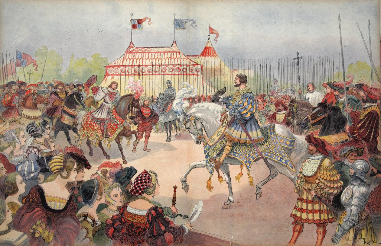 金布的领域，插图来自《弗朗索瓦-伊尔。Le Roi Chevalier，乔治-G-图杜兹著，1909年出版。1909年（彩色平版印刷）。 作者 阿尔伯特·罗比达