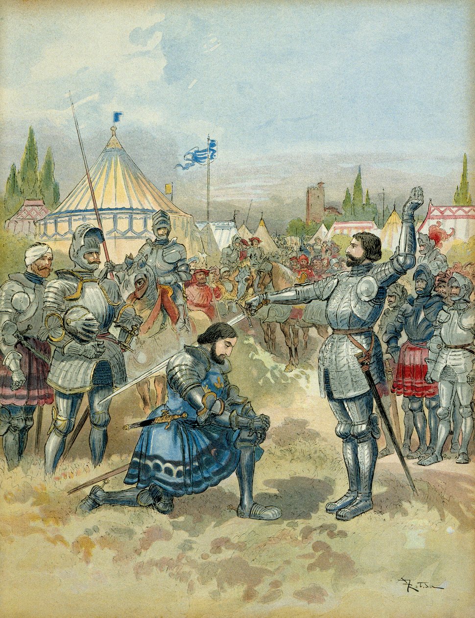 第五次意大利战争（1515-1516）：Pierre Terrail de Bayard（1476-1524）盔甲弗朗索瓦第一（1494-1547）骑士在马里尼昂（马雷尼亚诺）（意大利）战役后，1515 年 9 月 14 日晚上。插图 作者 阿尔伯特·罗比达