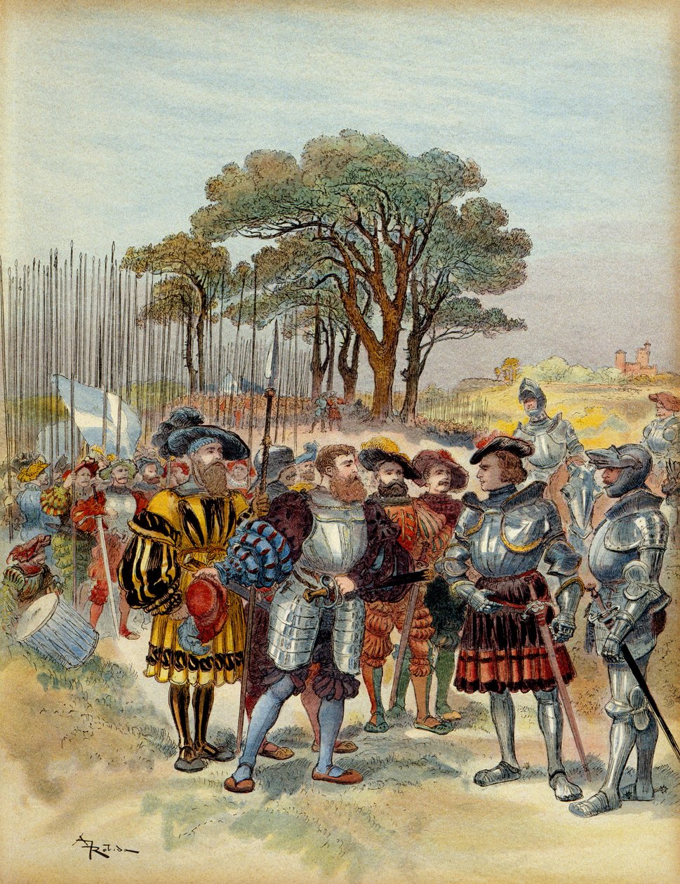 第五次意大利战争（1515-1516）：在米兰（意大利）前从Bicocca（bicoque）撤退的营地，1516年，瑞士人索要报酬，conge或战斗，Odet de Foix，Viscount de Lautrec，法国元帅 (1485-1528) 无法支付他们。 插图 作者 阿尔伯特·罗比达
