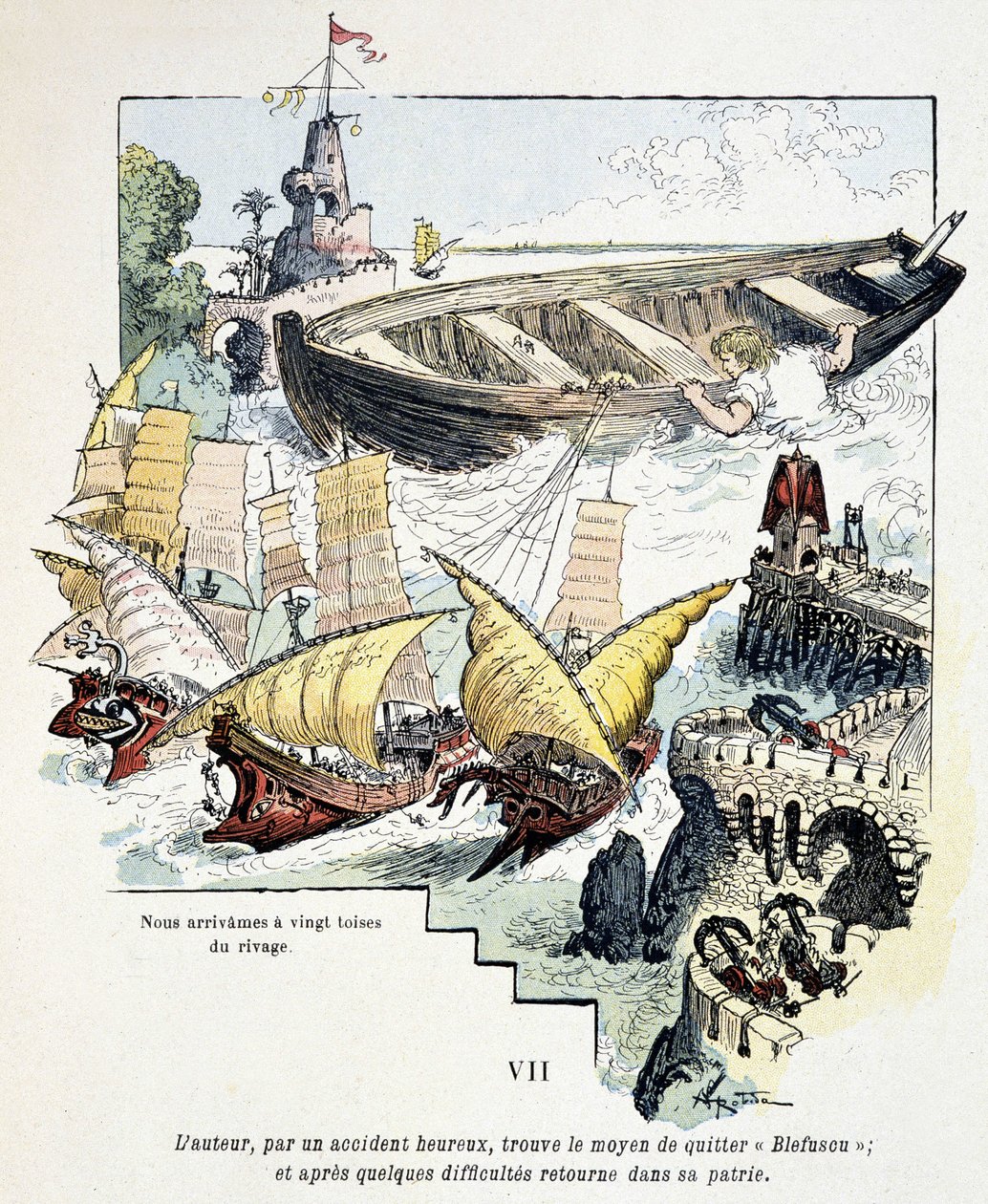 格列佛和他的巨船在小人国的港口——在乔纳森·斯威夫特 (Jonathan Swift) 的“”Voyages de Gulliver”（1721 年）中，生病了。 罗比达 作者 阿尔伯特·罗比达