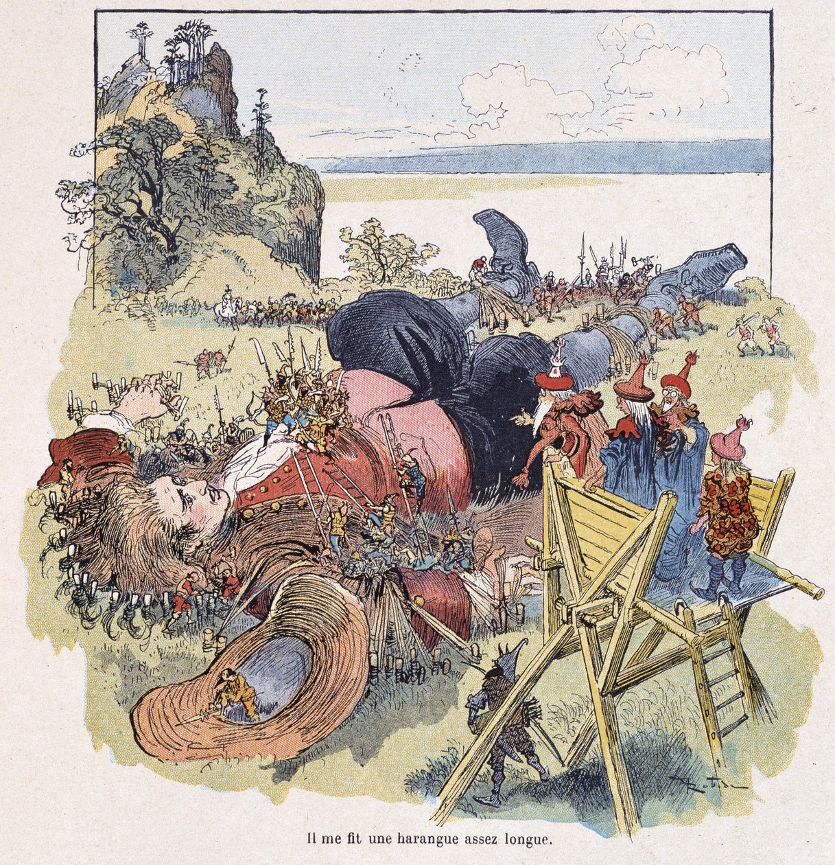 Gulliver tied up by the Lilliputians - in “” Gulliver Voyages”” by Swift, ill. by Robida 作者 阿尔伯特·罗比达
