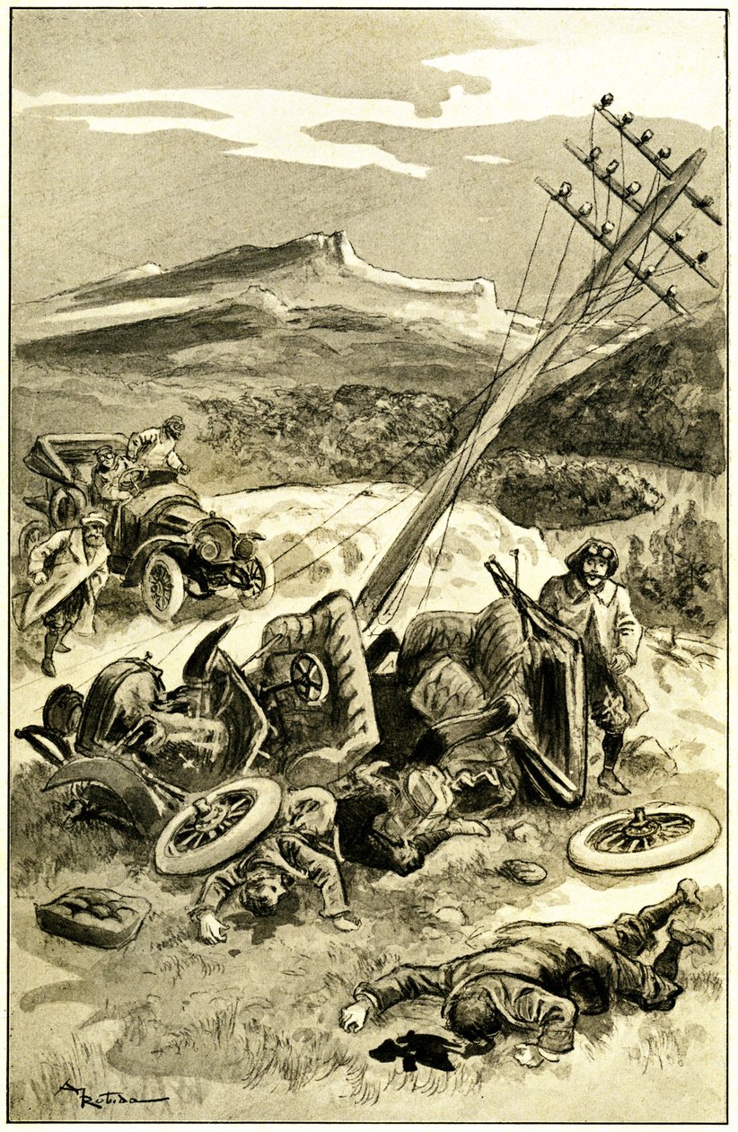 阿尔伯特-罗比达（1848-1926 年）为莱昂-贝尔托（Leon Berthault）的著作《Le record du tour du monde》（20 世纪初的 Mame 版，1911 年）绘制的插图--1900 年左右的一起交通事故：汽车撞上了一根电报线杆。乘客受伤弹出 作者 阿尔伯特·罗比达
