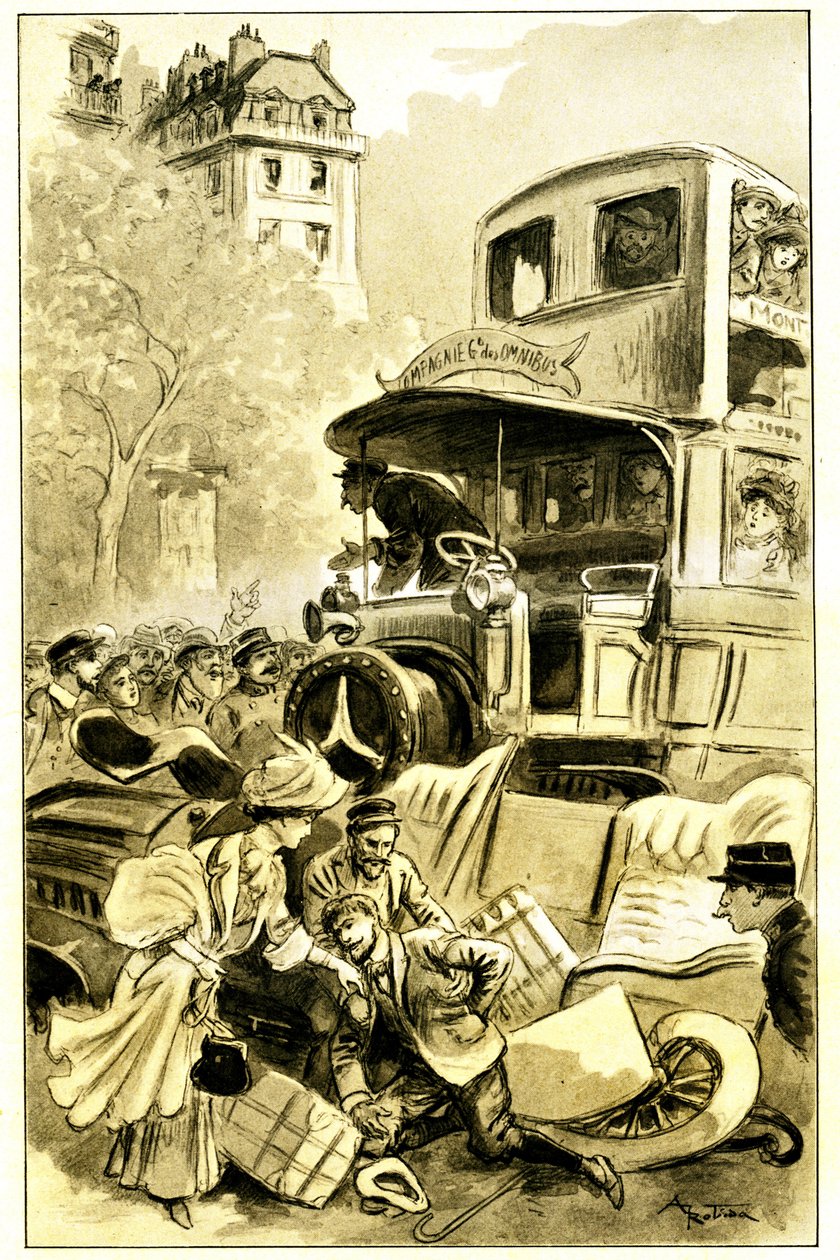 阿尔伯特·罗比达（Albert Robida，1848-1926 年）为 Leon Berthault 的著作《Le record du Tour du monde》绘制的插图，Mame 首次亮相 20 世纪（1911 年） - 1900 年左右巴黎发生的一起交通事故：汽车被一辆公共汽车撞倒。 司机受伤—— 作者 阿尔伯特·罗比达